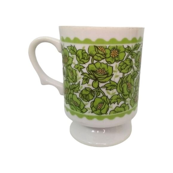 Vintage MCM Mug Cup White with Green Floral Pattern Pedestal Cup - Picture 1 of 8